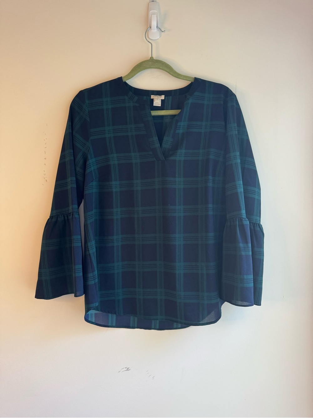 J. Crew Navy and Teal Plaid V-Neck Bell Sleeve Blouse